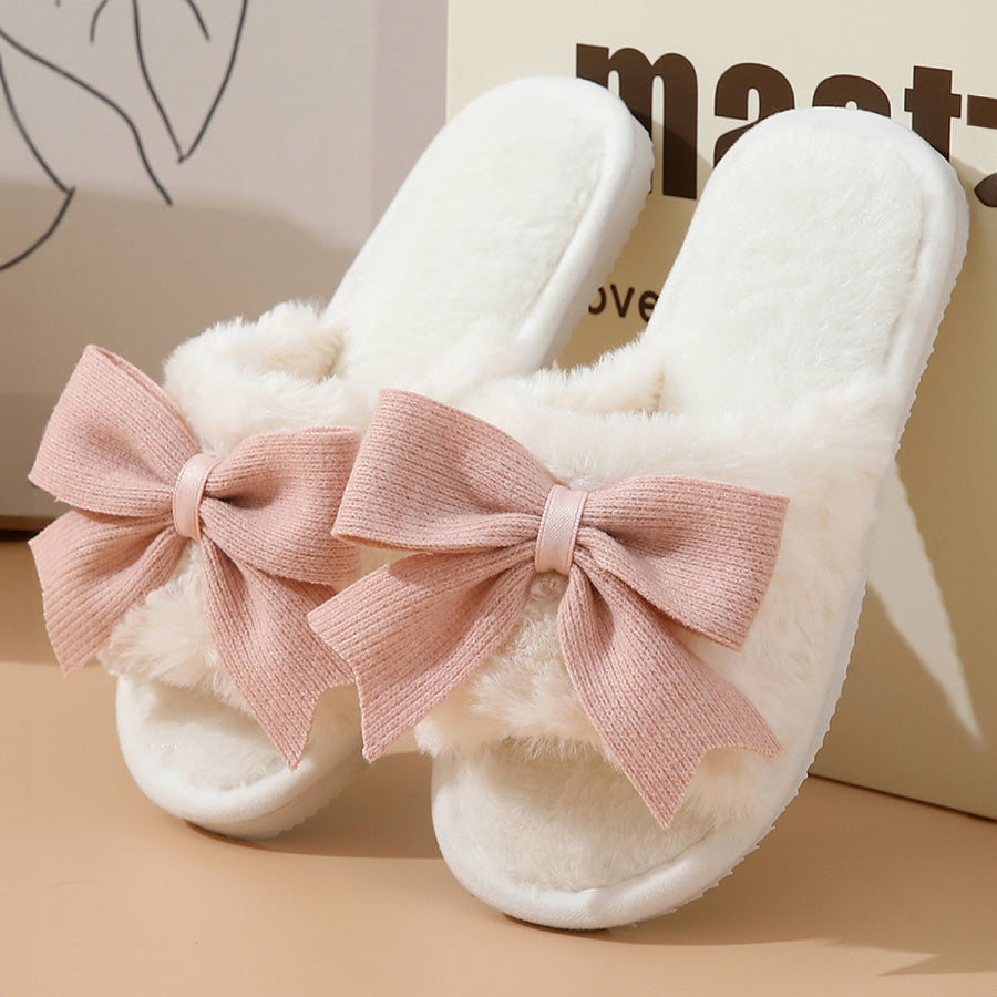 White Bow Knot Decor Open Toe Plush Slippers Shoes & Bags/Slippers