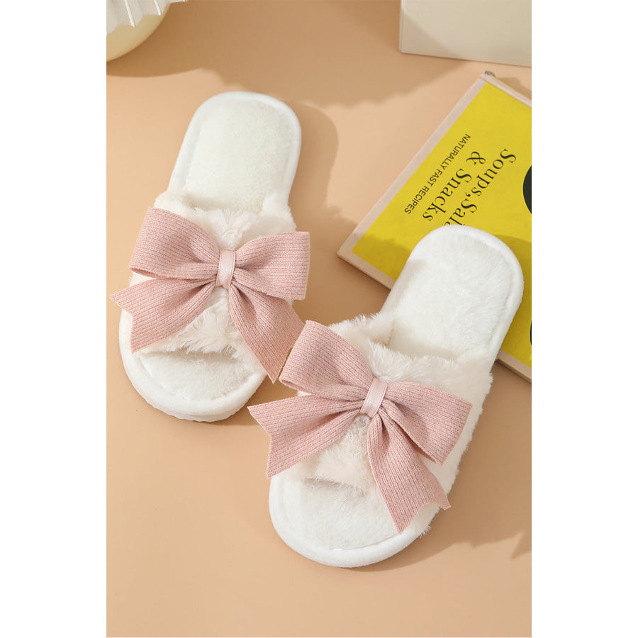 White Bow Knot Decor Open Toe Plush Slippers Shoes &amp; Bags/Slippers