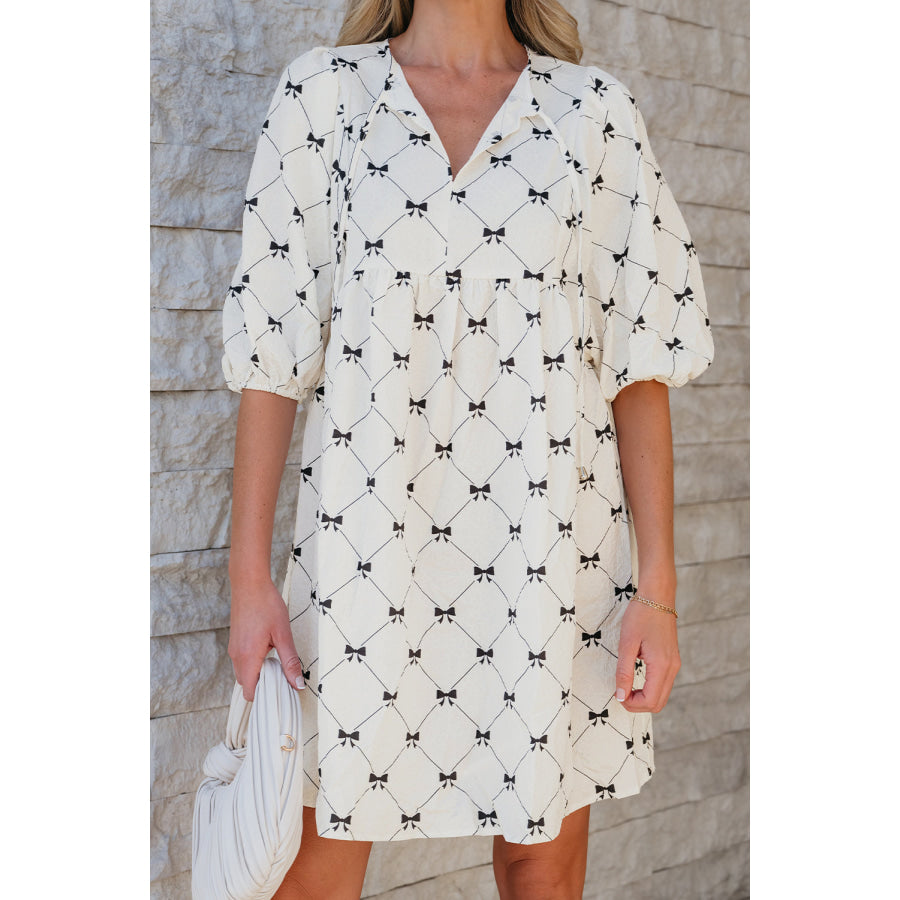 White Bowtie Pattern Textured Puff Half Sleeve Loose Mini Dress Dresses/Mini Dresses