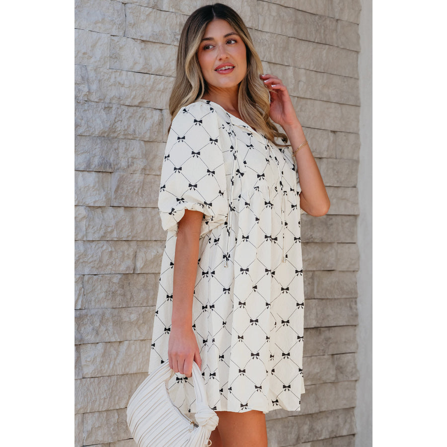 White Bowtie Pattern Textured Puff Half Sleeve Loose Mini Dress Dresses/Mini Dresses