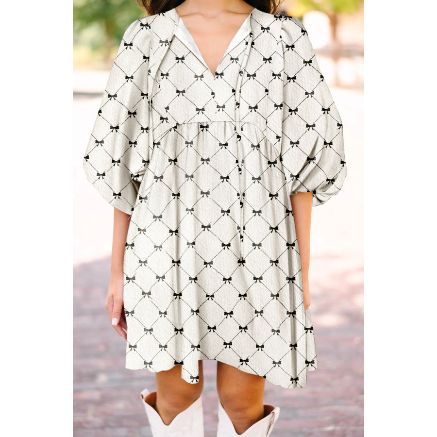 White Bowtie Pattern Textured Puff Half Sleeve Loose Mini Dress Dresses/Mini Dresses