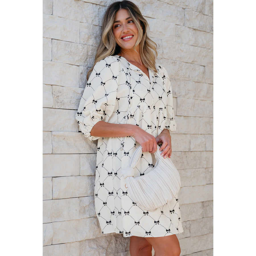 White Bowtie Pattern Textured Puff Half Sleeve Loose Mini Dress Dresses/Mini Dresses