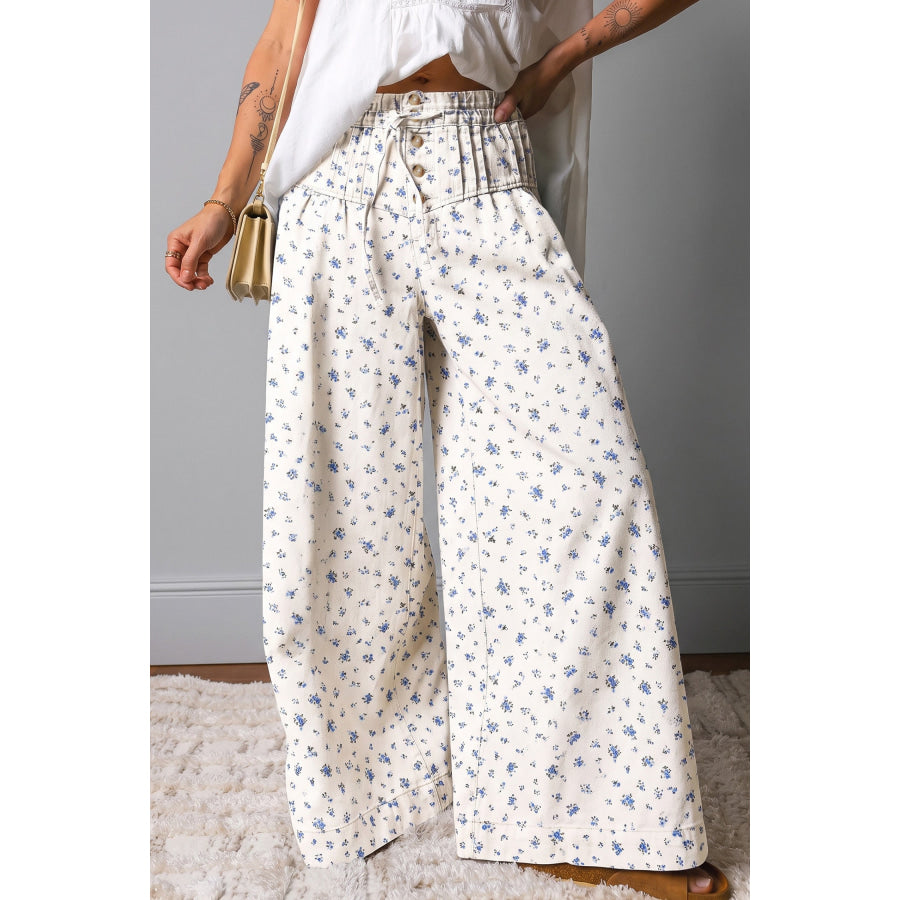 White Button Drawstring Pleated High Waist Floral Wide Leg Jeans / 4 / 98% Cotton + 2% Elastane Bottoms/Jeans