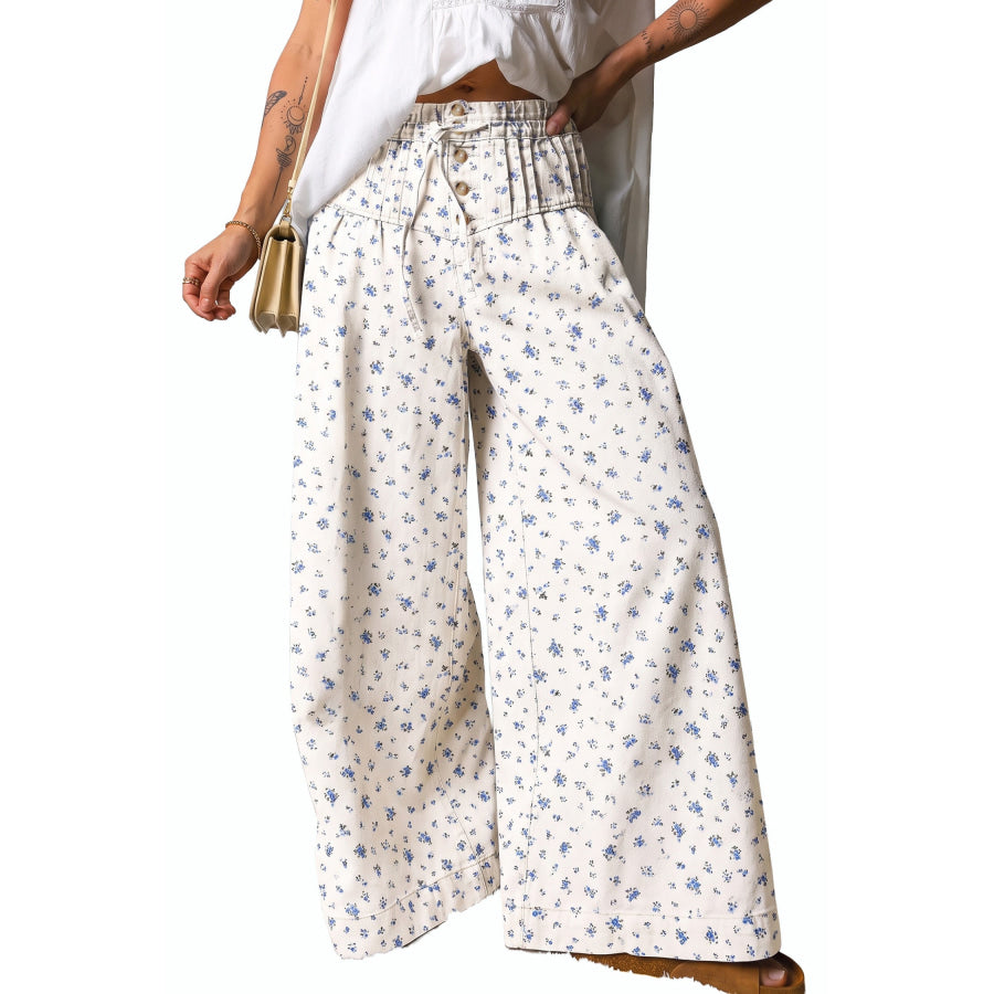 White Button Drawstring Pleated High Waist Floral Wide Leg Jeans Bottoms/Jeans