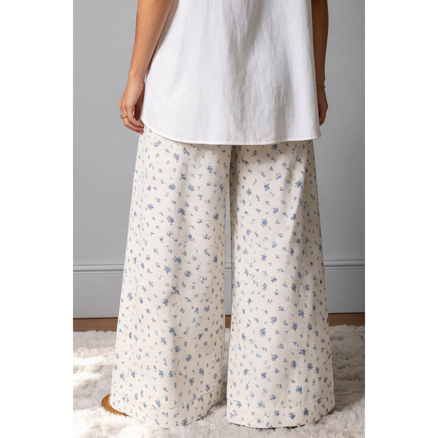 White Button Drawstring Pleated High Waist Floral Wide Leg Jeans Bottoms/Jeans