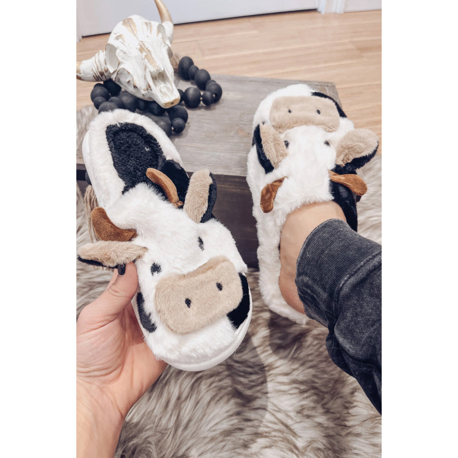 White Cartoon Animal Cow Plush Slippers White / 37 / 91% Polyester + 9% Spandex Shoes &amp; Bags/Slippers