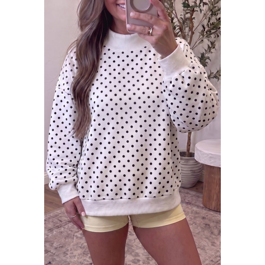 White Casual Polka Dot Mock Neck Sweatshirt / S Tops/Sweatshirts & Hoodies