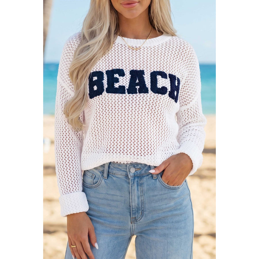White Chenille BEACH Lettering Hollow Out Knit Casual Sweater White / S / 100% Acrylic Sweaters & Cardigans/Sweaters