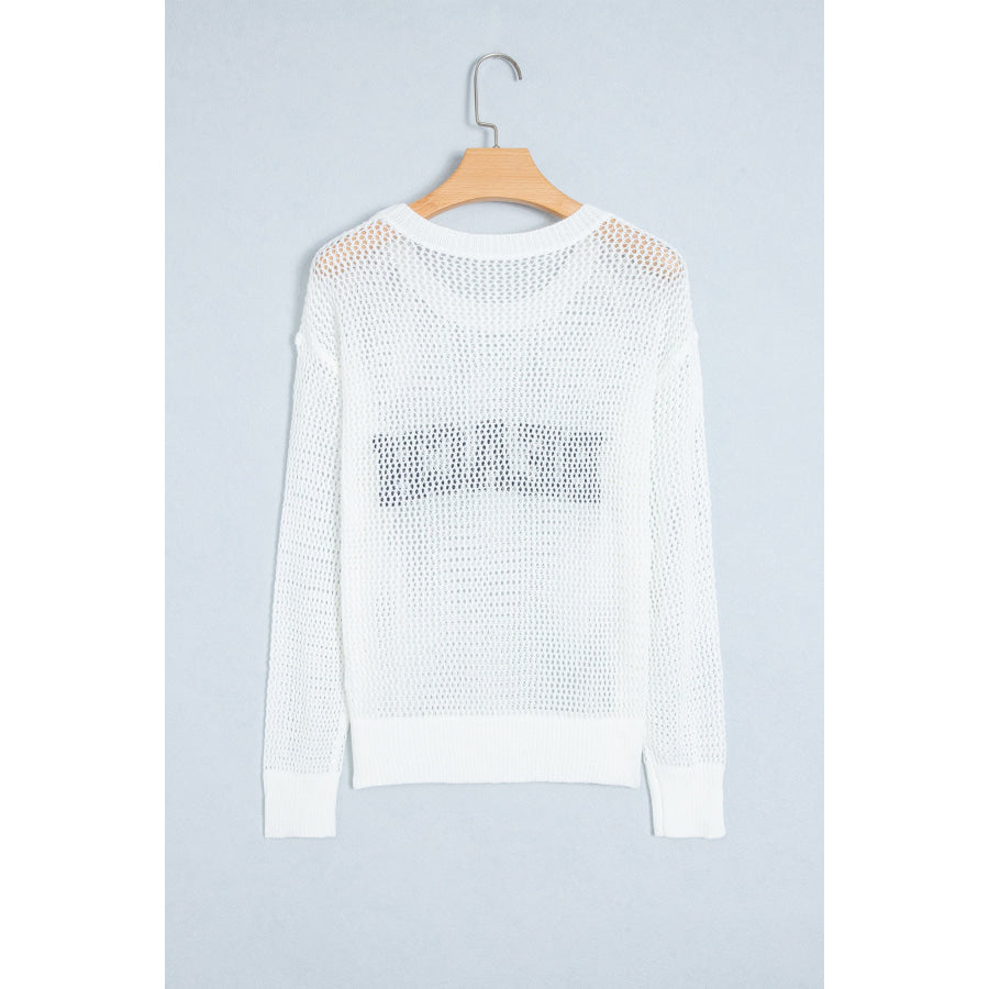 White Chenille BEACH Lettering Hollow Out Knit Casual Sweater Sweaters & Cardigans/Sweaters