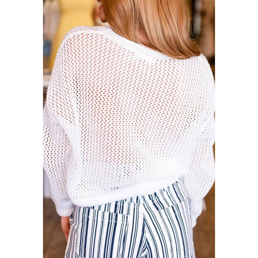 White Chenille BEACH Lettering Hollow Out Knit Casual Sweater Sweaters & Cardigans/Sweaters