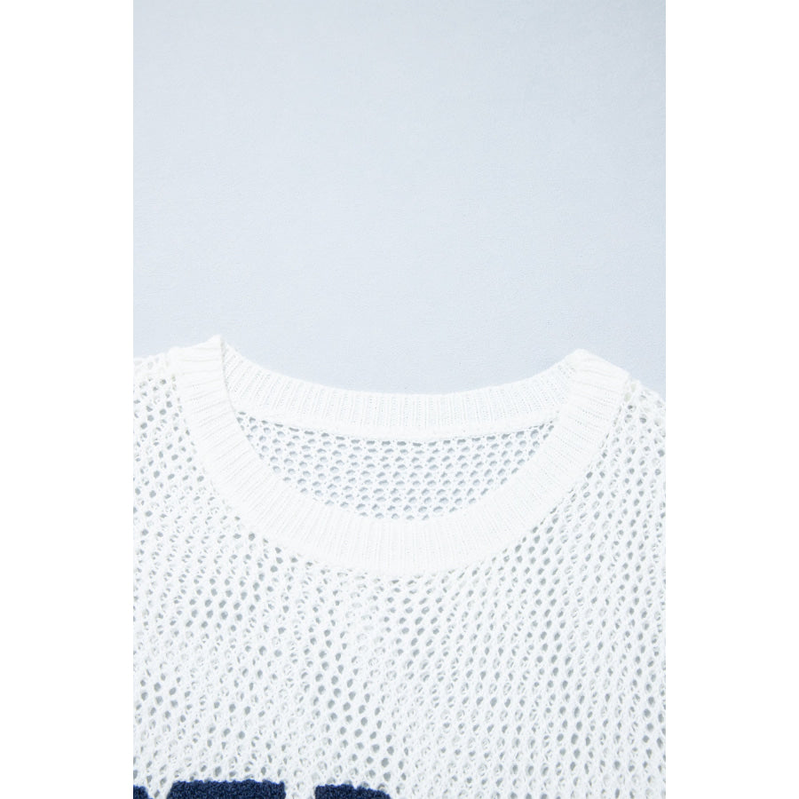 White Chenille BEACH Lettering Hollow Out Knit Casual Sweater Sweaters & Cardigans/Sweaters
