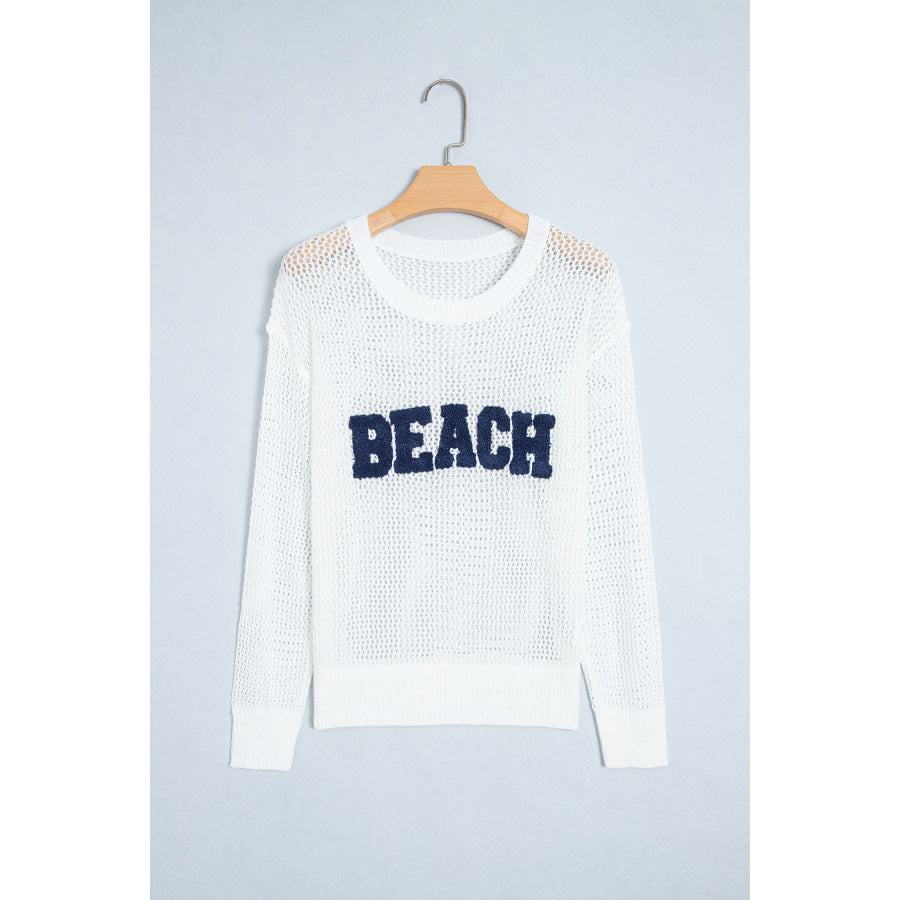 White Chenille BEACH Lettering Hollow Out Knit Casual Sweater Sweaters & Cardigans/Sweaters