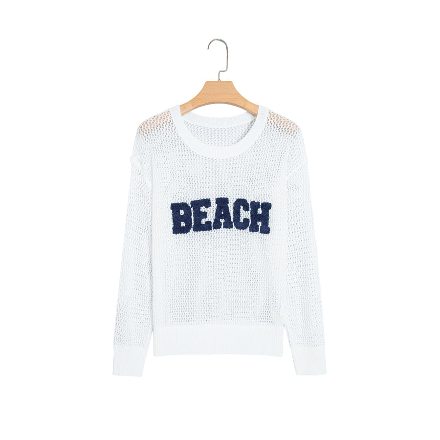 White Chenille BEACH Lettering Hollow Out Knit Casual Sweater Sweaters & Cardigans/Sweaters