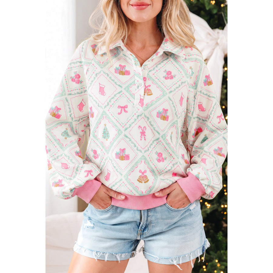 White Christmas Patchwork Collar Long Sleeve Pullover Sweatshirt / S / 100% Polyester Tops/Sweatshirts & Hoodies
