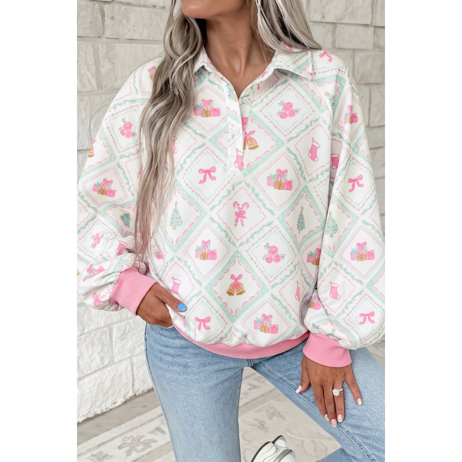 White Christmas Patchwork Collar Long Sleeve Pullover Sweatshirt Tops/Sweatshirts & Hoodies