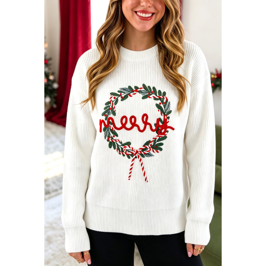 White Christmas Wreath Pattern Round Neck Casual Sweater White / S / 52% Viscose + 26% Polyester + 22% Polyamide Sweaters &