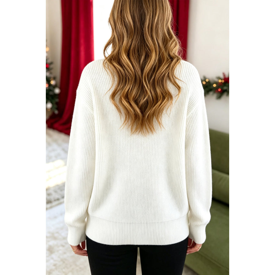 White Christmas Wreath Pattern Round Neck Casual Sweater Sweaters & Cardigans/Sweaters