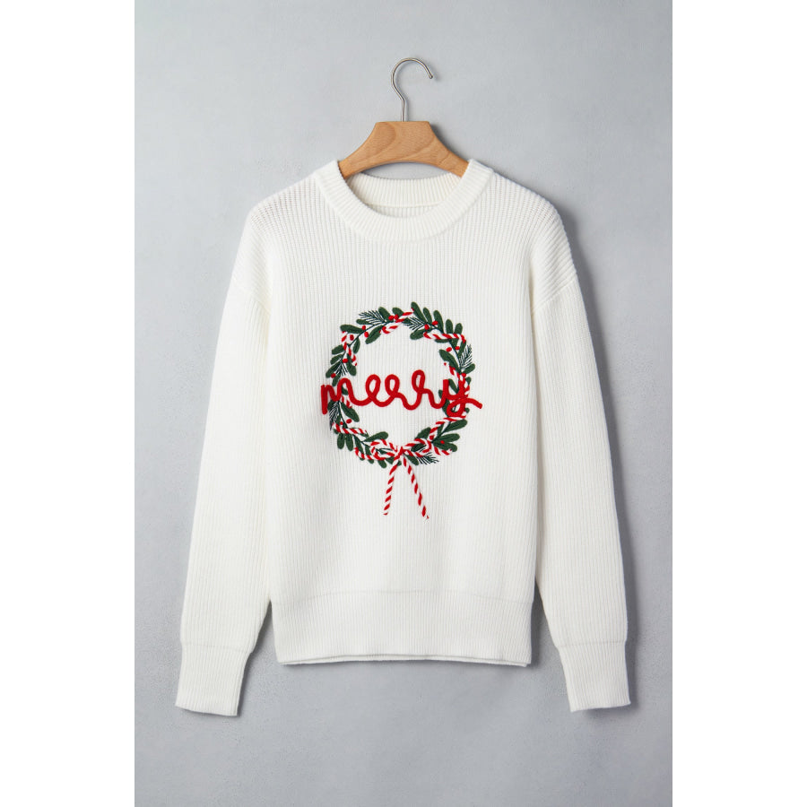 White Christmas Wreath Pattern Round Neck Casual Sweater Sweaters & Cardigans/Sweaters