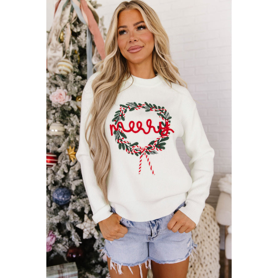 White Christmas Wreath Pattern Round Neck Casual Sweater Sweaters & Cardigans/Sweaters