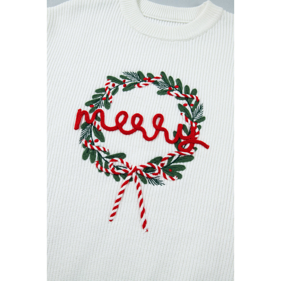 White Christmas Wreath Pattern Round Neck Casual Sweater Sweaters & Cardigans/Sweaters