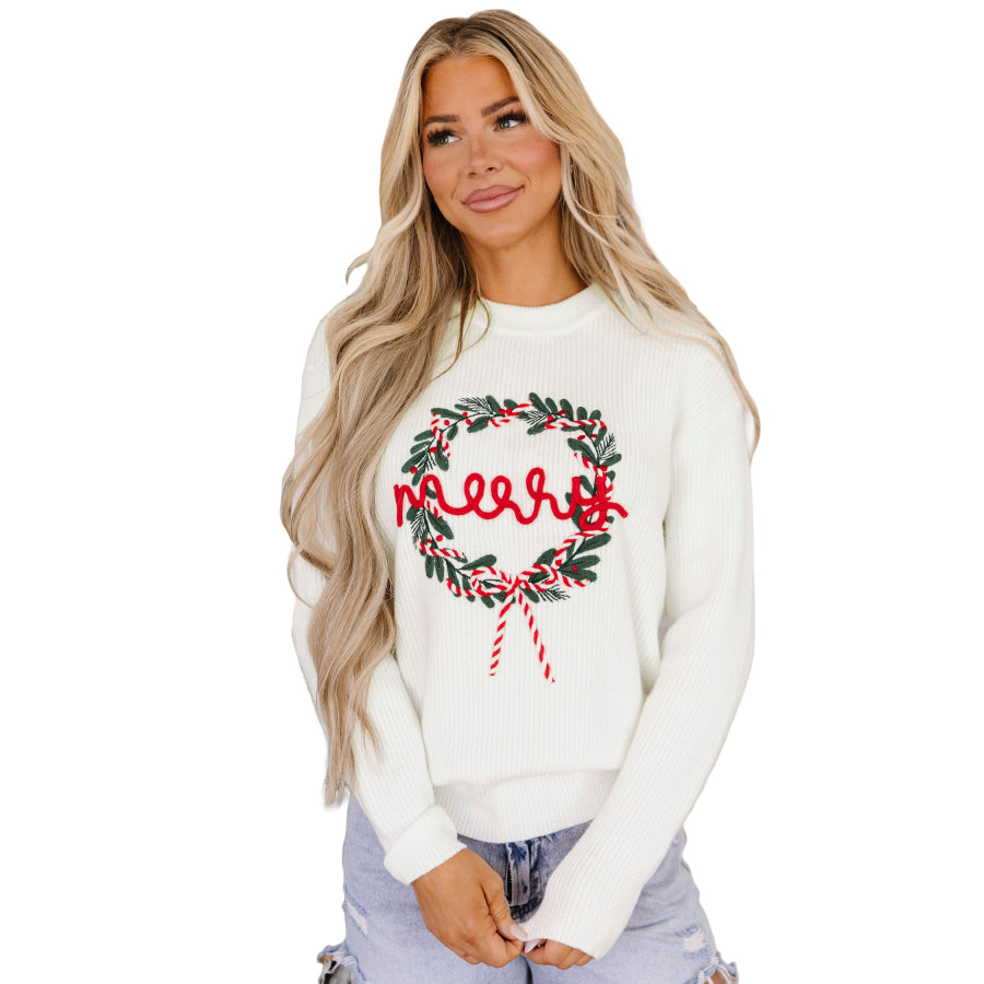 White Christmas Wreath Pattern Round Neck Casual Sweater Sweaters & Cardigans/Sweaters