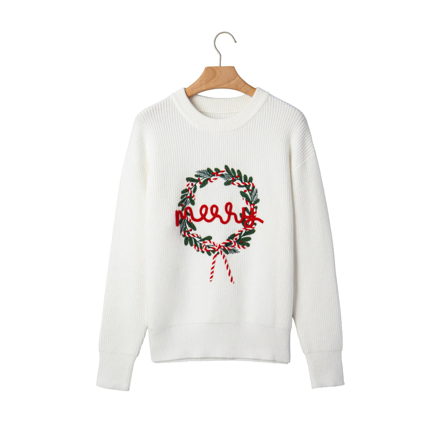 White Christmas Wreath Pattern Round Neck Casual Sweater Sweaters & Cardigans/Sweaters