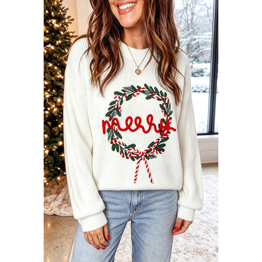 White Christmas Wreath Pattern Round Neck Casual Sweater Sweaters & Cardigans/Sweaters