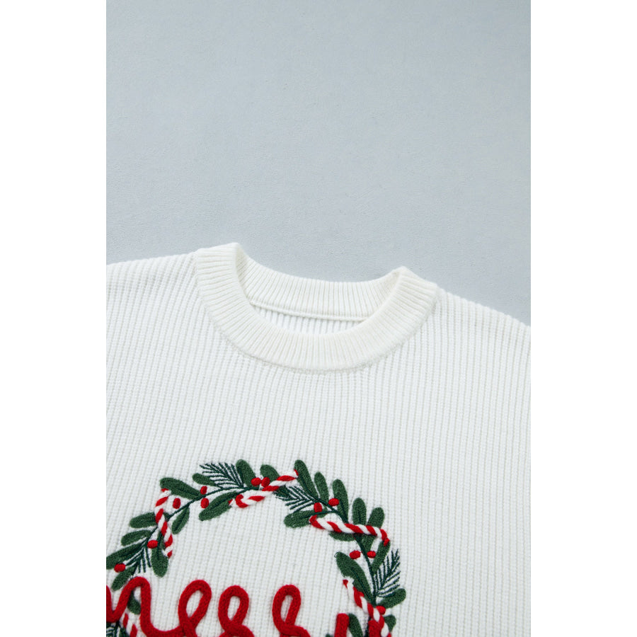 White Christmas Wreath Pattern Round Neck Casual Sweater Sweaters & Cardigans/Sweaters