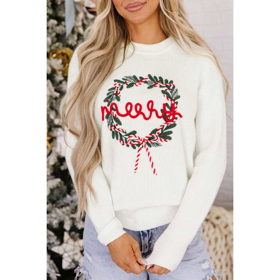 White Christmas Wreath Pattern Round Neck Casual Sweater Sweaters & Cardigans/Sweaters