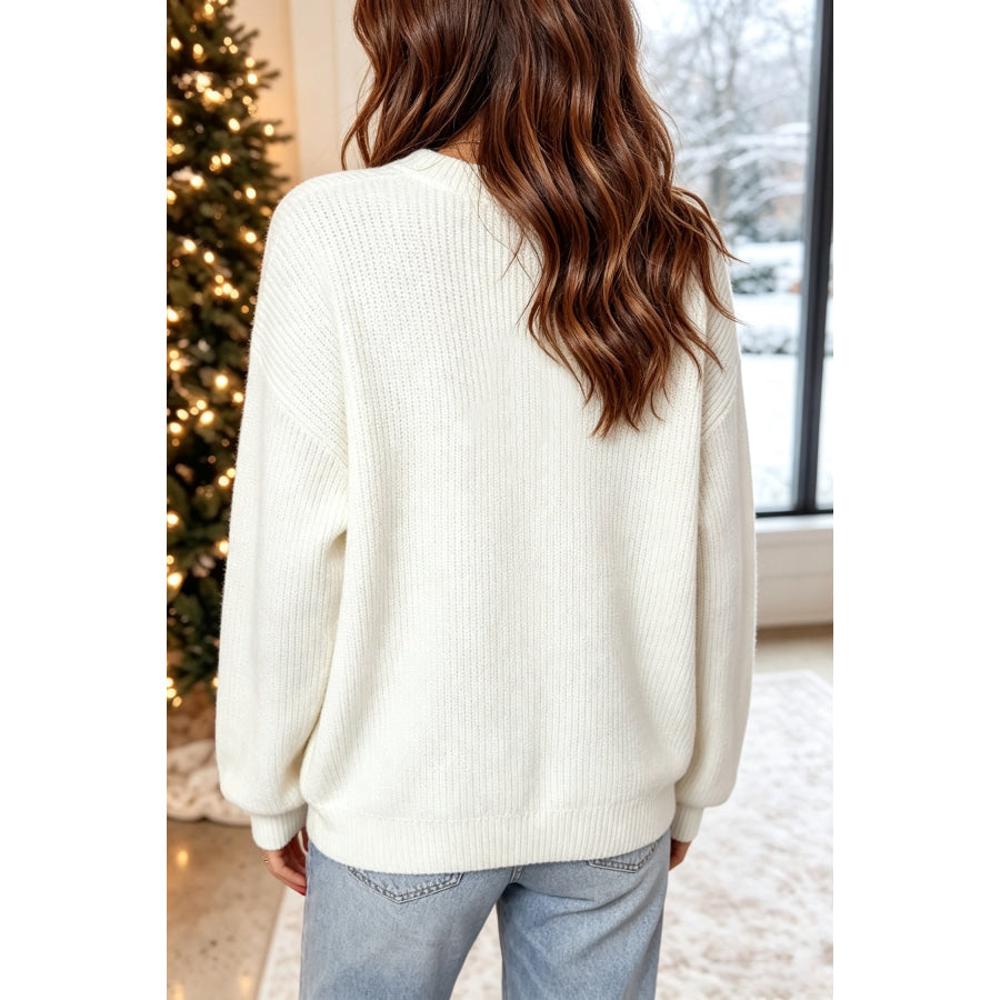 White Christmas Wreath Pattern Round Neck Casual Sweater Sweaters & Cardigans/Sweaters