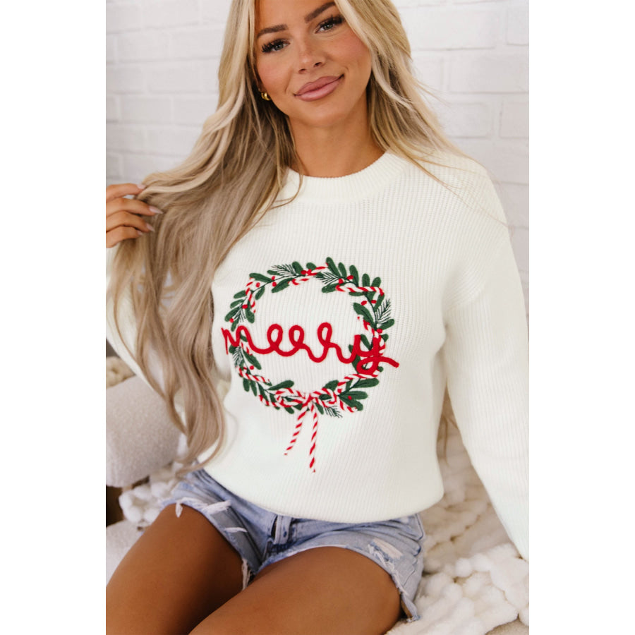 White Christmas Wreath Pattern Round Neck Casual Sweater Sweaters & Cardigans/Sweaters