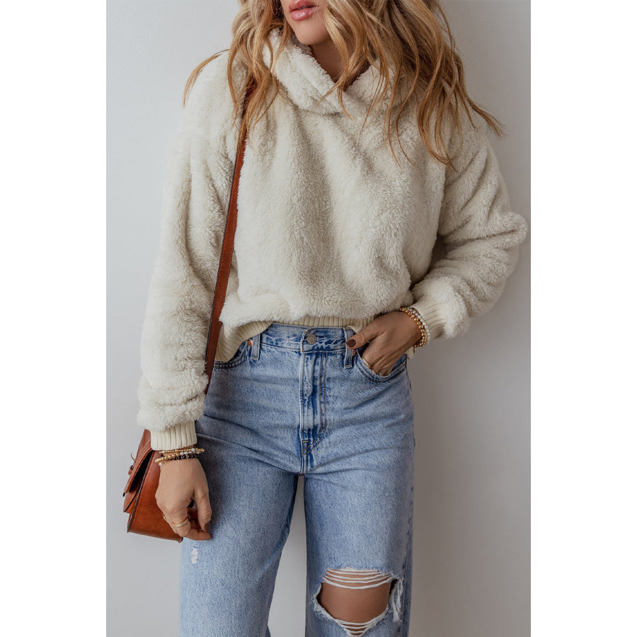 White Contrast Ribbed Edge Plush Hoodie White / S / 100% Polyester Sale (50% OFF)/Sale (50% OFF)