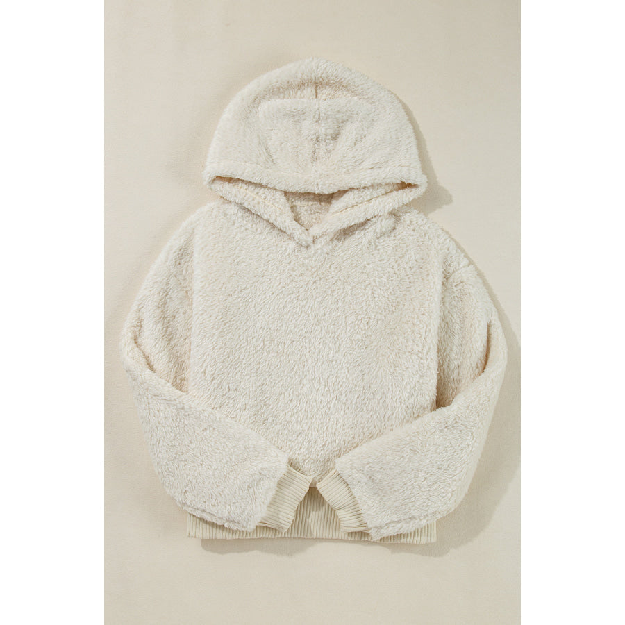 White Contrast Ribbed Edge Plush Hoodie Sale (50% OFF)/Sale (50% OFF)