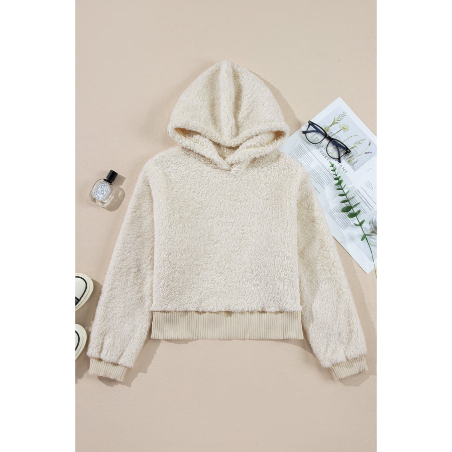 White Contrast Ribbed Edge Plush Hoodie Sale (50% OFF)/Sale (50% OFF)