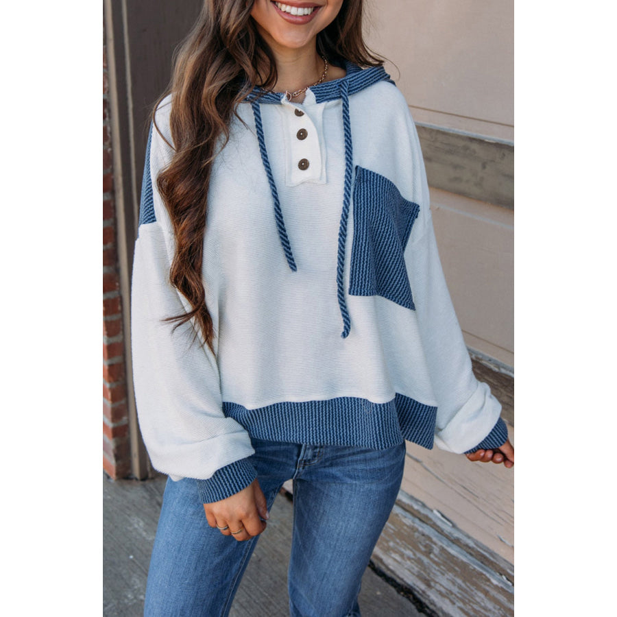 White Corded Colorblock Patch Pocket Drawstring Hooded Top White / S / 67% Polyester + 30% Viscose + 3% Elastane Tops/Long Sleeve Tops