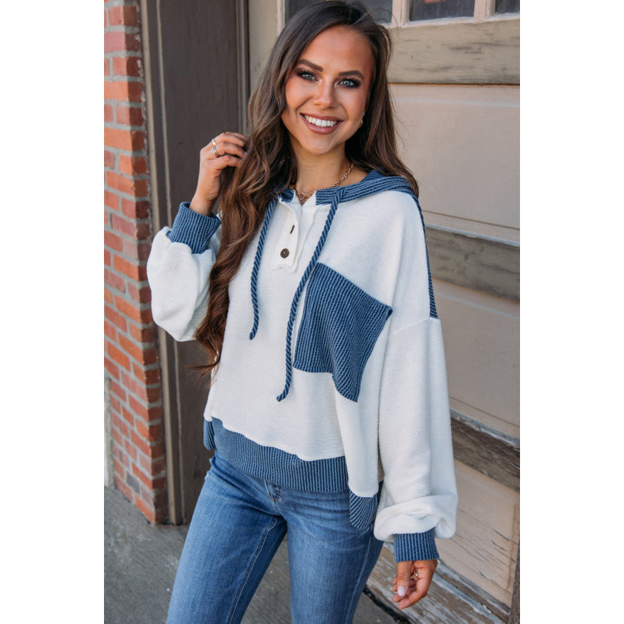 White Corded Colorblock Patch Pocket Drawstring Hooded Top White / S / 67% Polyester + 30% Viscose + 3% Elastane Tops/Long Sleeve Tops