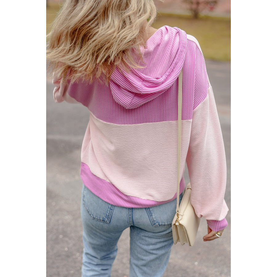 White Corded Colorblock Patch Pocket Drawstring Hooded Top Tops/Long Sleeve Tops