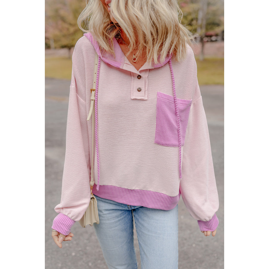 White Corded Colorblock Patch Pocket Drawstring Hooded Top Tops/Long Sleeve Tops