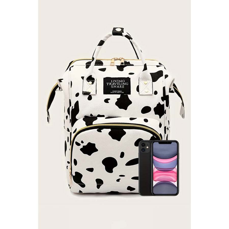 White Cow Spot Print Multi Pocket Canvas Backpack Bright White / ONE SIZE / 100% Polyester Shoes &amp; Bags/Backpacks