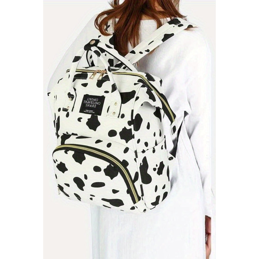 White Cow Spot Print Multi Pocket Canvas Backpack Bright White / ONE SIZE / 100% Polyester Shoes &amp; Bags/Backpacks