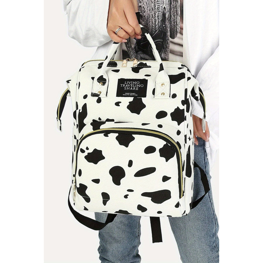 White Cow Spot Print Multi Pocket Canvas Backpack Bright White / ONE SIZE / 100% Polyester Shoes &amp; Bags/Backpacks