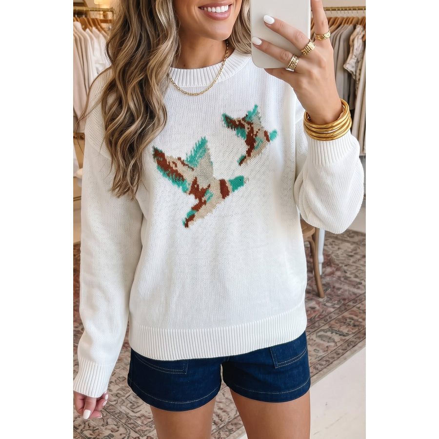White Drop Shoulder Round Neck Long Sleeve Pullover Sweater White / S / 65% Acrylic + 35% Polyamide Sweaters & Cardigans/Sweaters