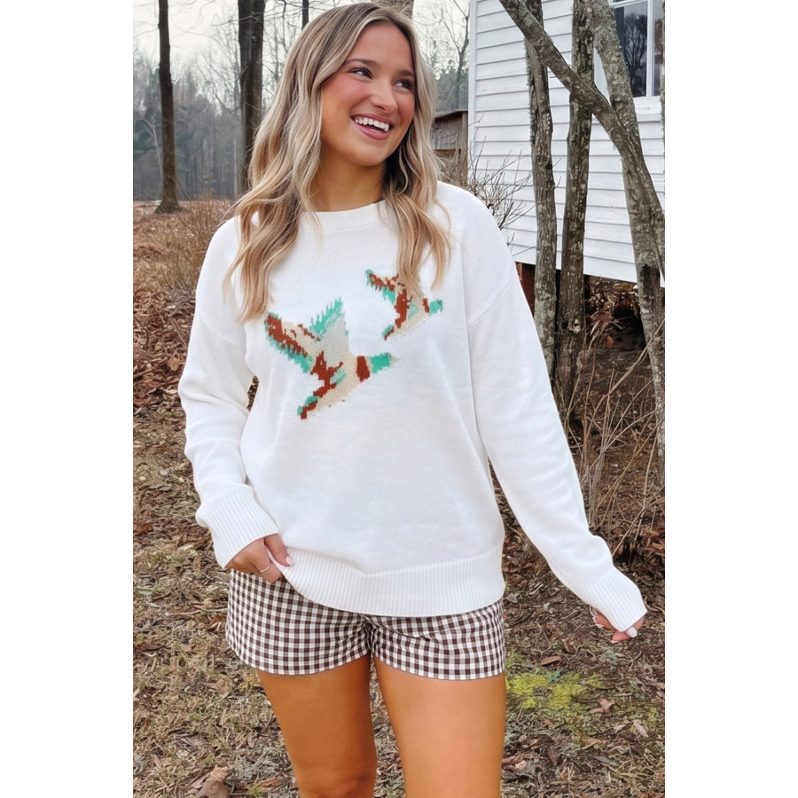 White Drop Shoulder Round Neck Long Sleeve Pullover Sweater Sweaters & Cardigans/Sweaters