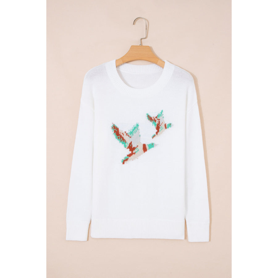 White Drop Shoulder Round Neck Long Sleeve Pullover Sweater Sweaters & Cardigans/Sweaters