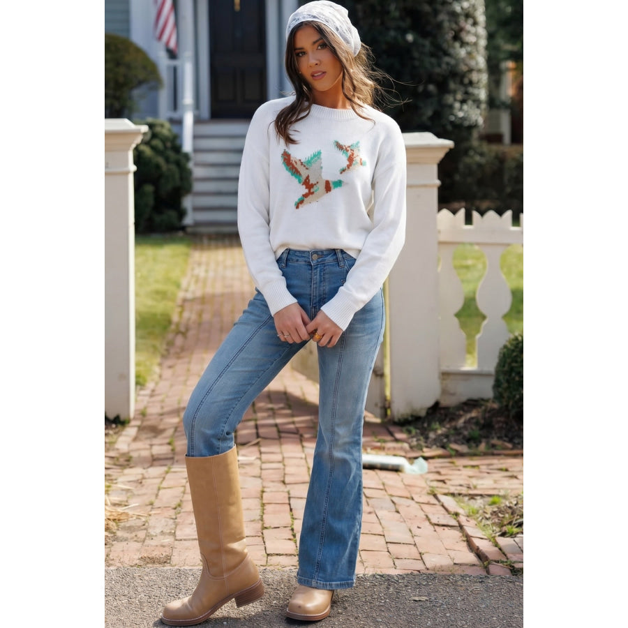 White Drop Shoulder Round Neck Long Sleeve Pullover Sweater Sweaters & Cardigans/Sweaters