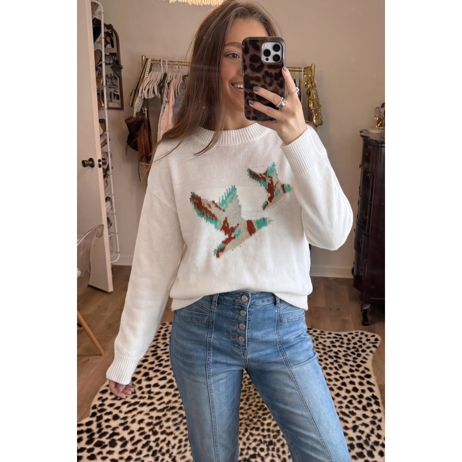 White Drop Shoulder Round Neck Long Sleeve Pullover Sweater Sweaters & Cardigans/Sweaters