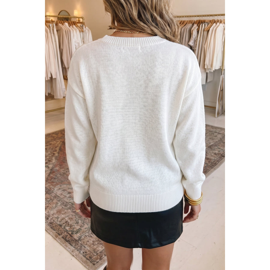 White Drop Shoulder Round Neck Long Sleeve Pullover Sweater Sweaters & Cardigans/Sweaters