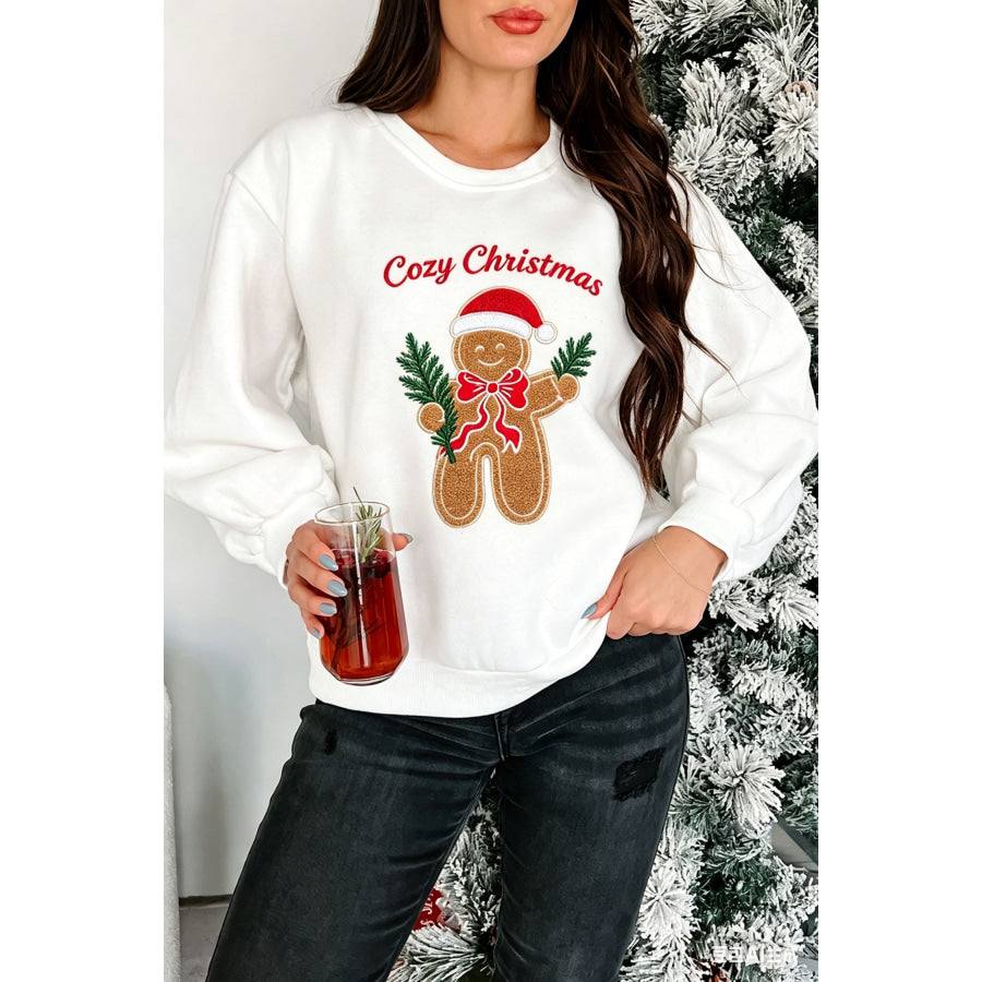 White Embroidered Gingerbread Cozy Christmas Long Sleeve Round Neck Pullover Sweatshirt / S / 50% Polyester + 50% Cotton Tops/Sweatshirts &