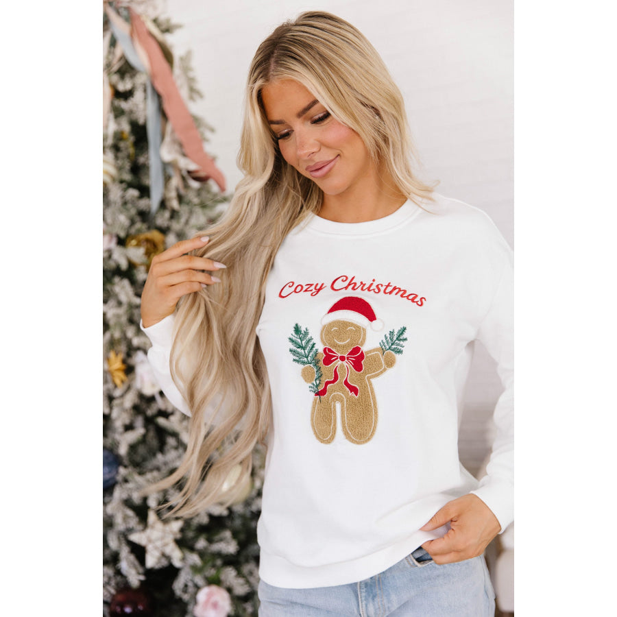 White Embroidered Gingerbread Cozy Christmas Long Sleeve Round Neck Pullover Sweatshirt Tops/Sweatshirts & Hoodies