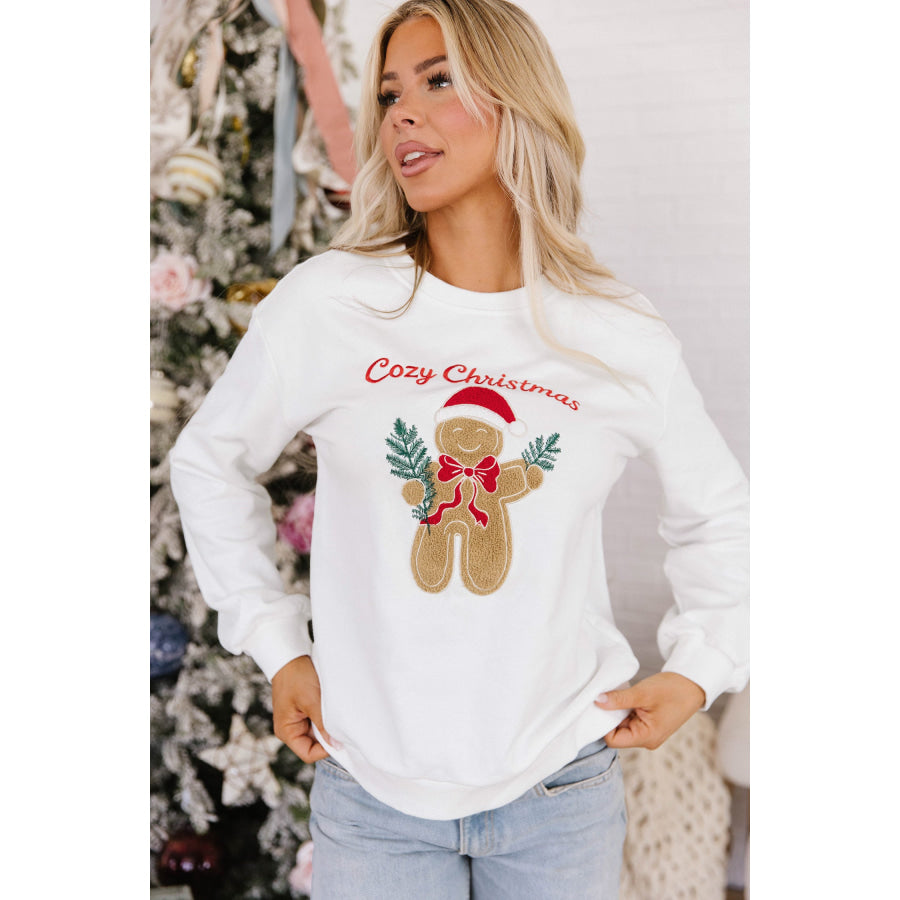 White Embroidered Gingerbread Cozy Christmas Long Sleeve Round Neck Pullover Sweatshirt Tops/Sweatshirts & Hoodies